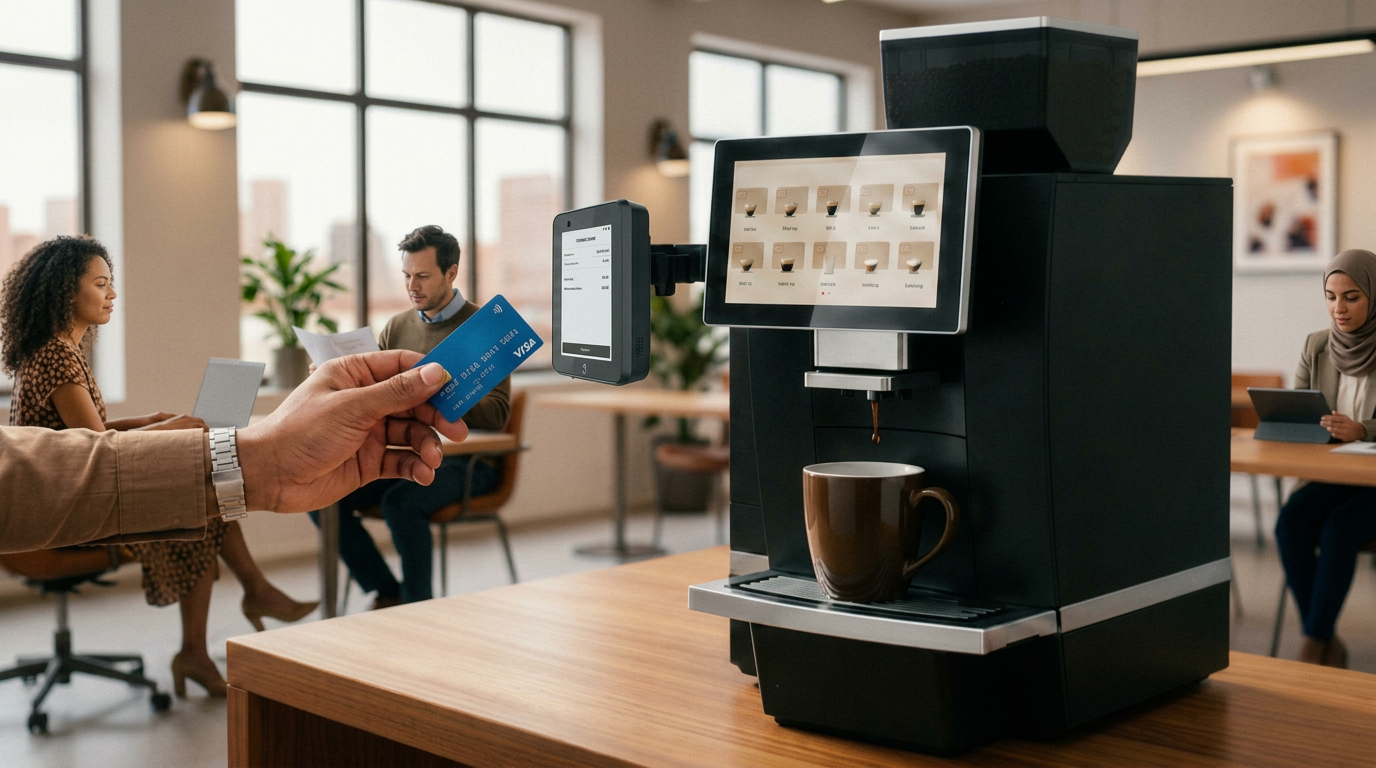 Un client paie son café sans contact au comptoir d'une boulangerie